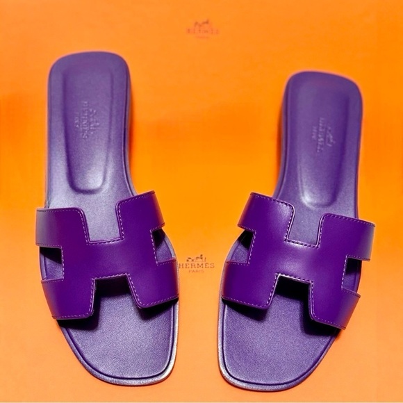 Hermès Oran H Sandal Violet Marjorette Epsom Leather Slip on Sandal Size 8 NEW - Picture 3 of 16